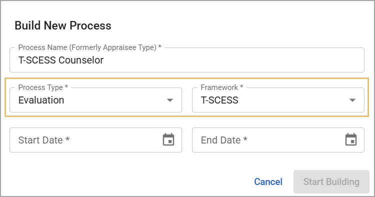 Modal to build a new evaluation process with fields for name, type, framework, and dates.